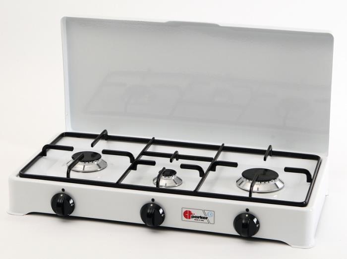 Parker gasskomfyr 3-brenner med tennsikring, Hvit emalje